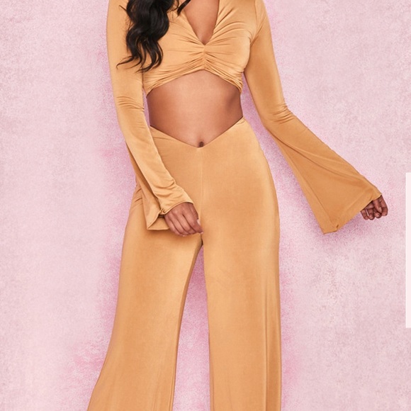 NWOT House Of CB CHIAKI & KAIYA Mustard Silky Jersey Ruched Set - Picture 2 of 10